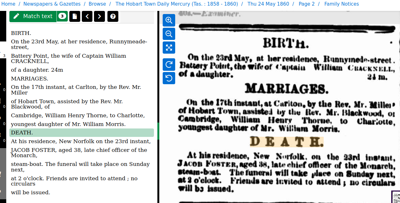 DEATH.
At his residence, New Norfolk on the 23rd instant, JACOB FOSTER, aged 38, late chief officer of the Monarch,
steam-boat. The Funeral will take place on Sunday next,
at 2 o'clock. Friends are invited to attend ; no circulars will be issued.