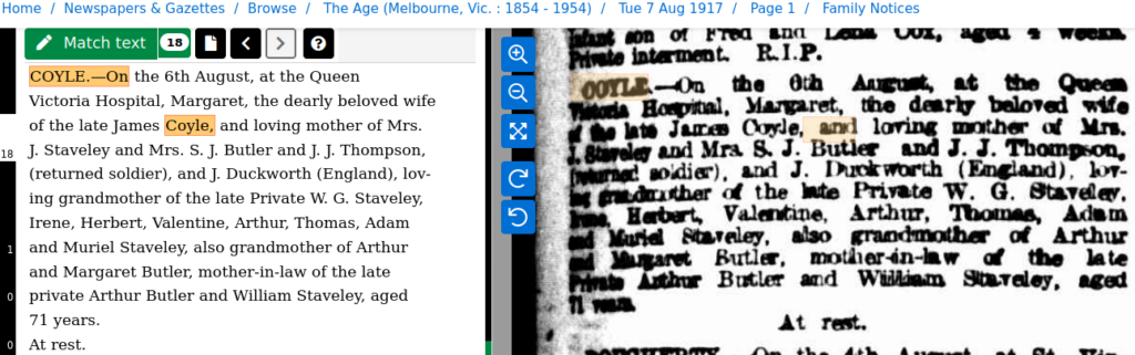 Death notice of Margaret Coyle linking her to all the known members of my family, and proving that she was Margaret Duckworth.