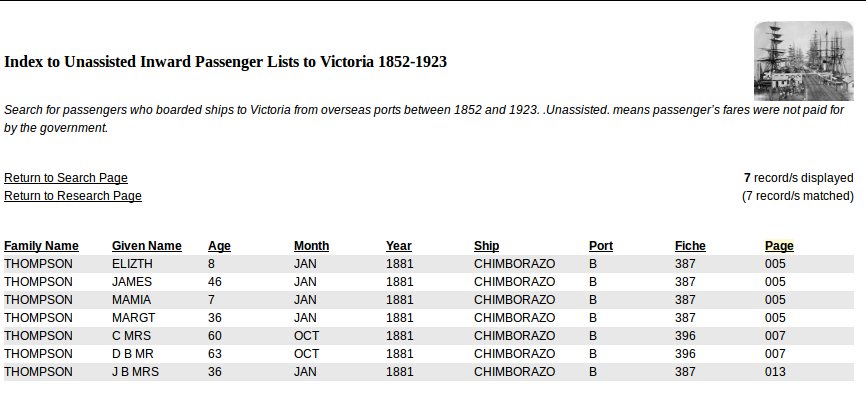 Passenger List of the vessel Chimborazo. Listing James Thompson Aged 46, Margaret Aged 36, Elizabeth aged 8 and Mamia (Jemima) Aged 7