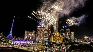 Fireworks over the city of Melbourne, Australia.